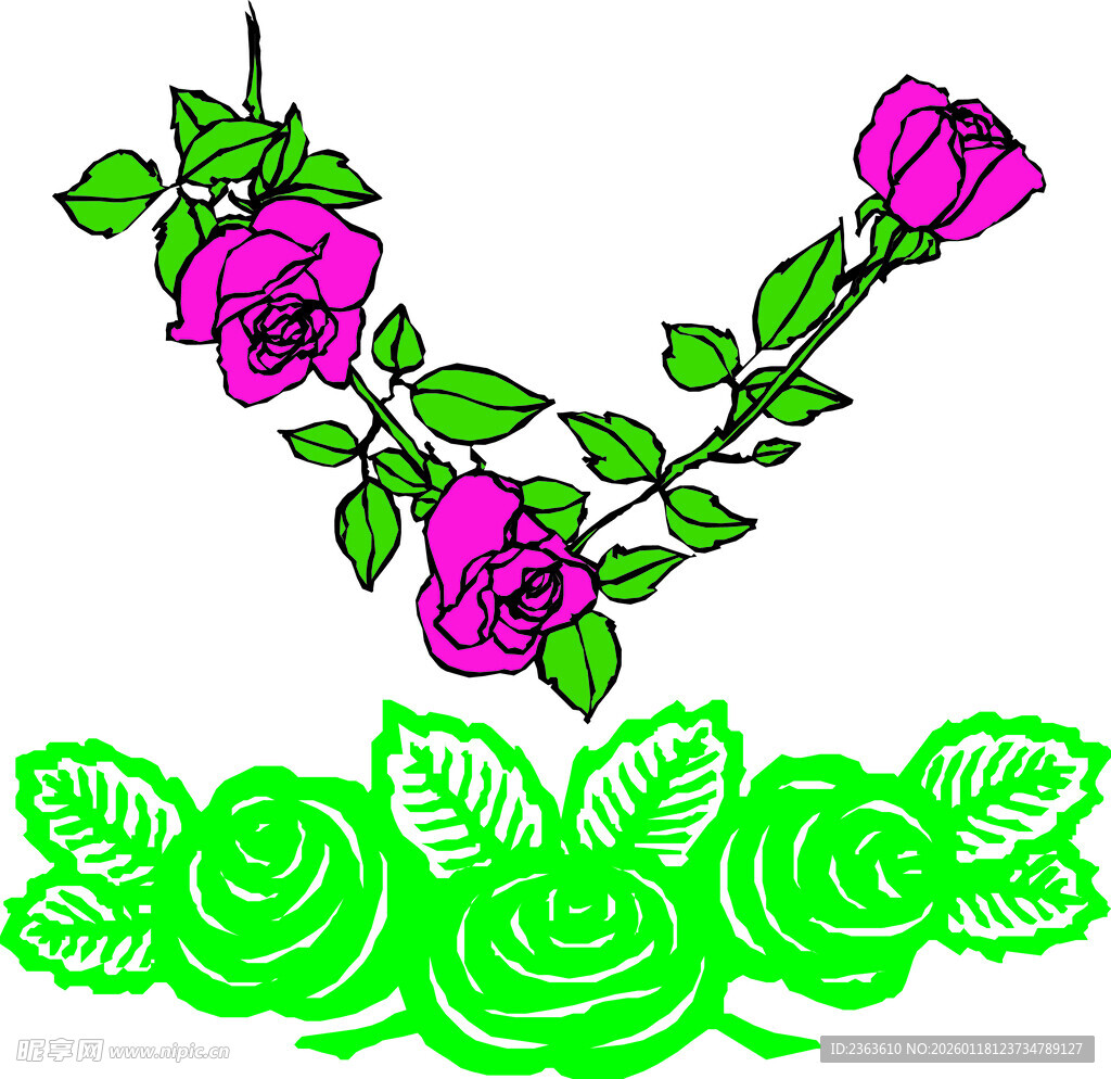 紫色玫瑰藤蔓与绿叶图案