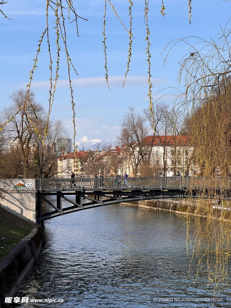 河畔桥梁 春日宁静风光