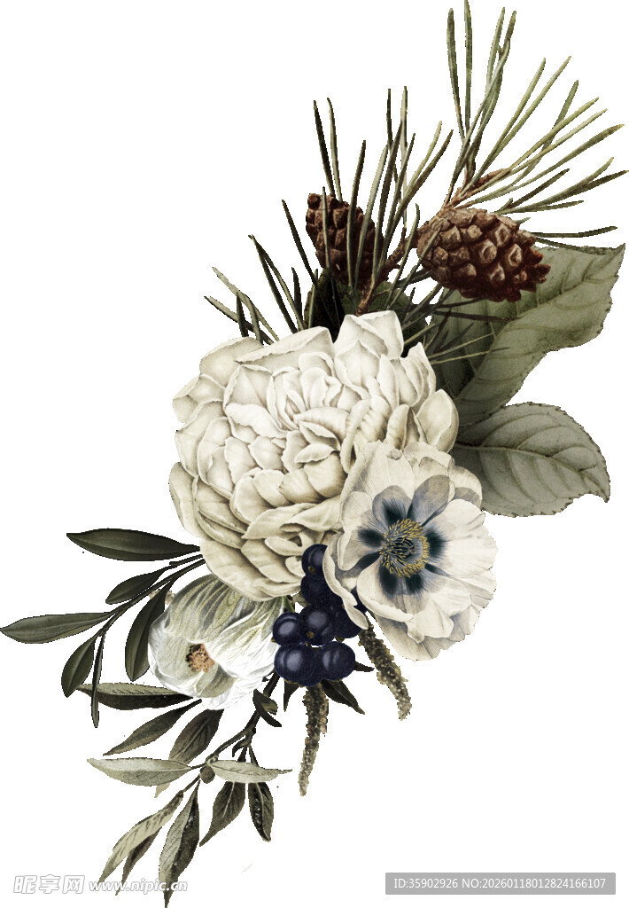 白色花卉松果装饰花束