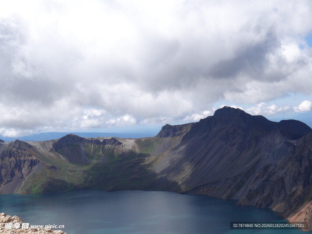 高山环绕的静谧蓝色湖泊
