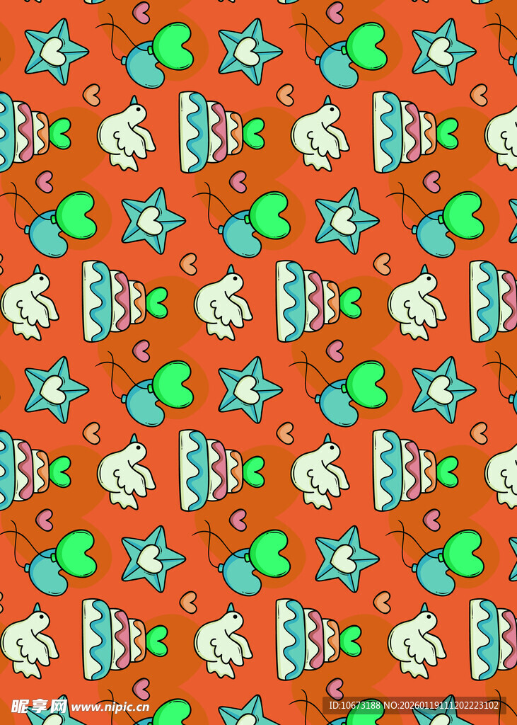 橙色底多彩卡通图案纹理