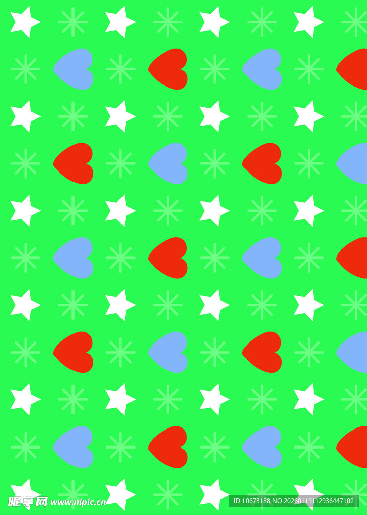 绿色背景多彩星星心形图案