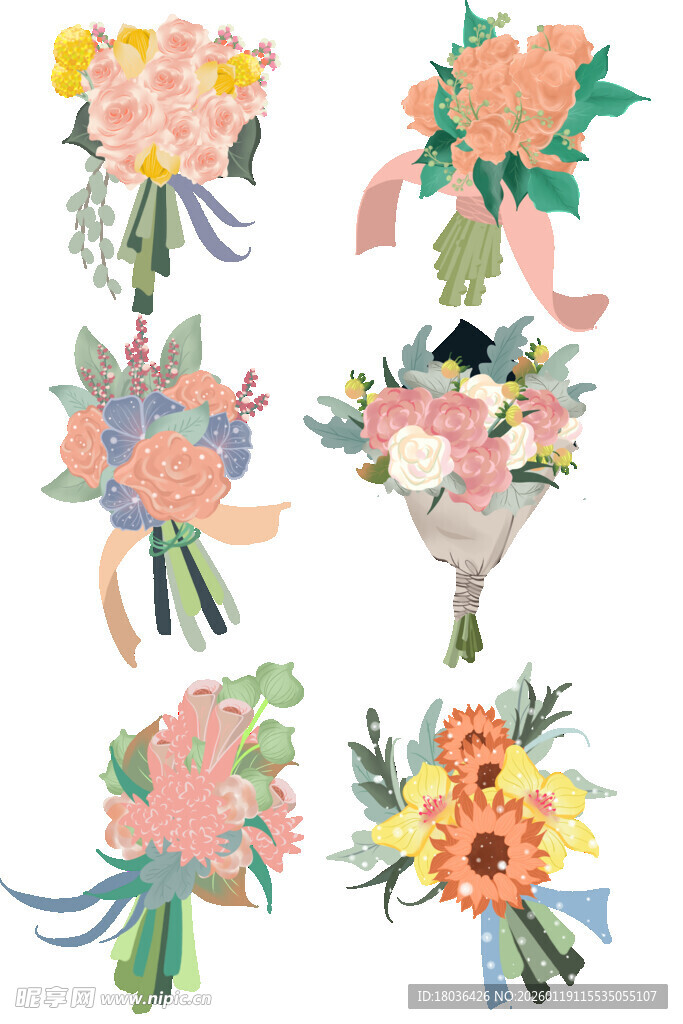多彩手绘花卉花束png集合