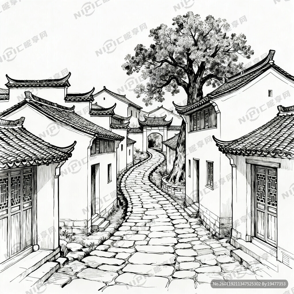 用线条勾勒的古村落