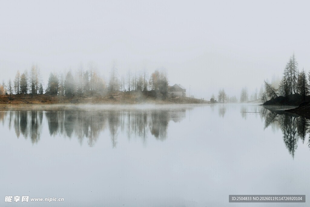 宁静湖面与岸边树木倒影