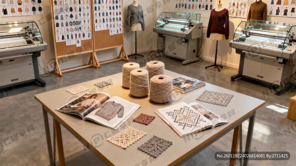 零星的几筒针织纱线摆放在设计中