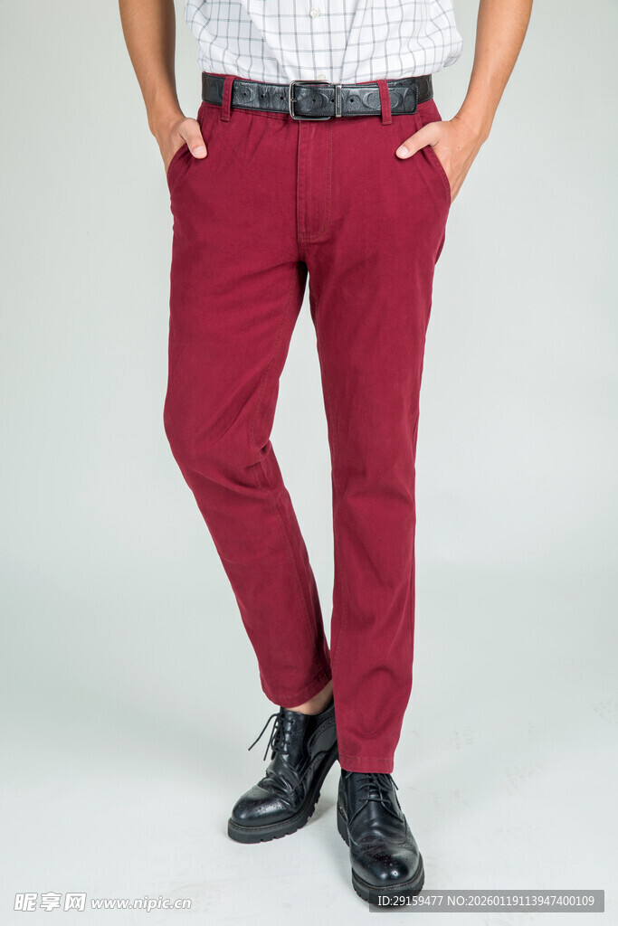 酒红色男士修身休闲长裤
