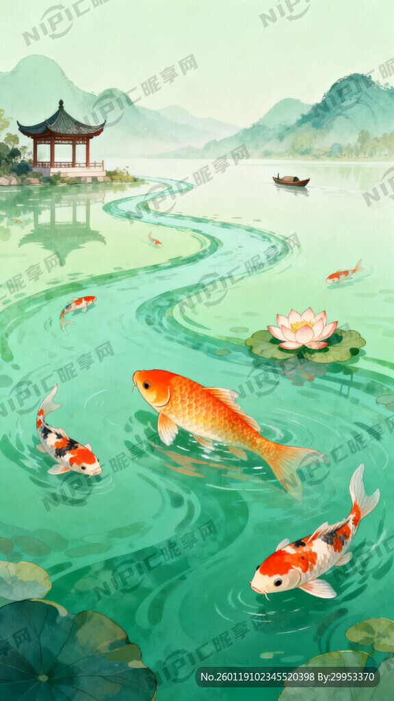 有风景、水系、多条锦鲤、其中一