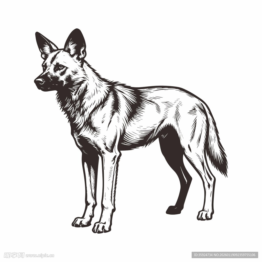 站立的德国牧羊犬黑白插画