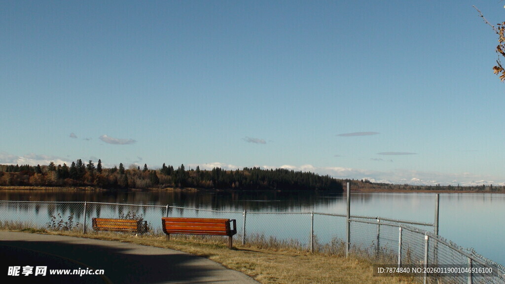 湖畔长椅边的宁静风光