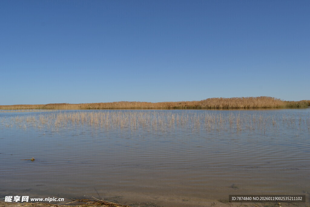 平静湖面与远处山丘景色