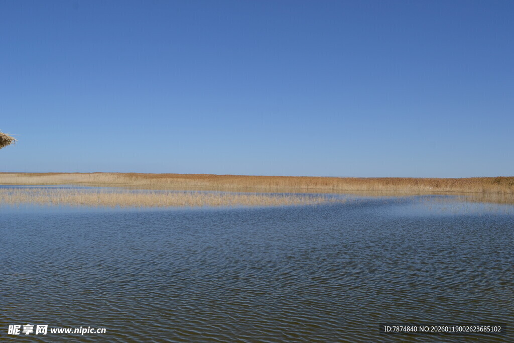 广阔水域与远处沙地景观