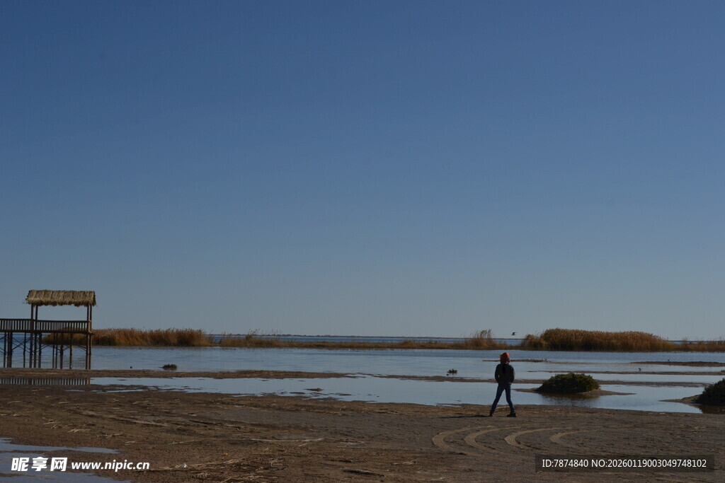 海边漫步的孤独身影