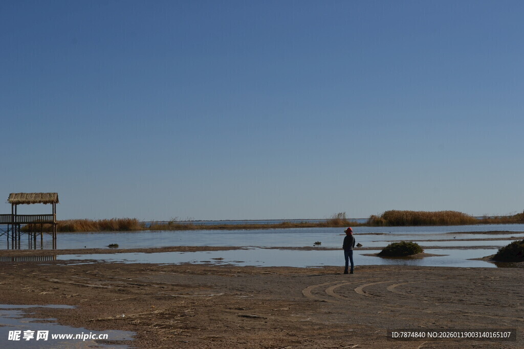 海边滩涂一人漫步景象