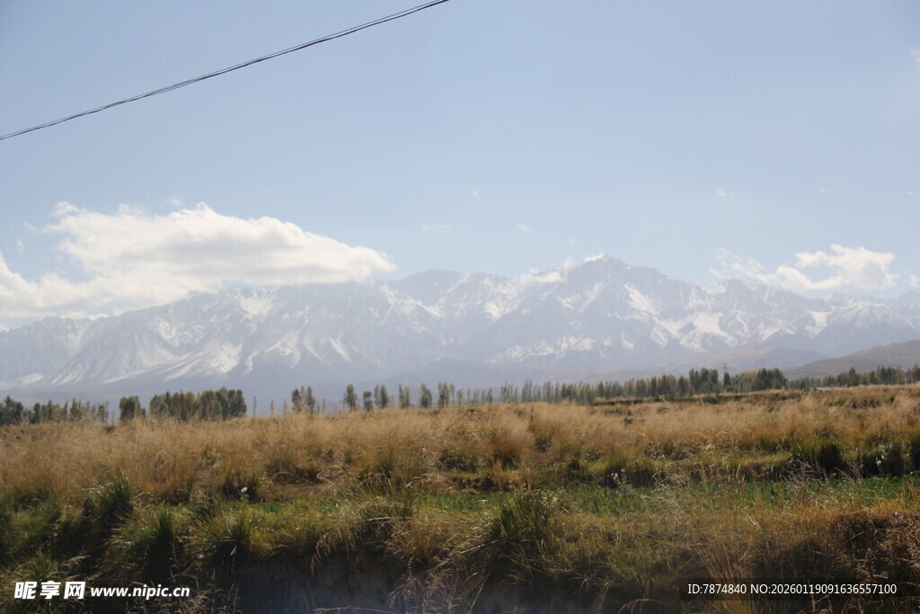 草原远望雪山壮丽景色