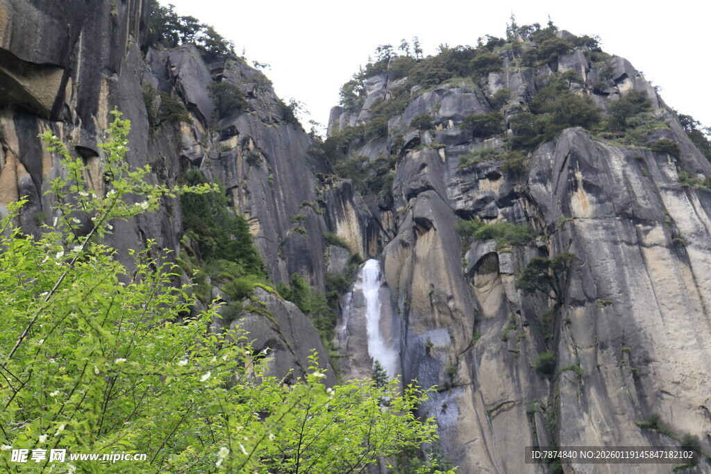 山间瀑布与葱郁绿植景观