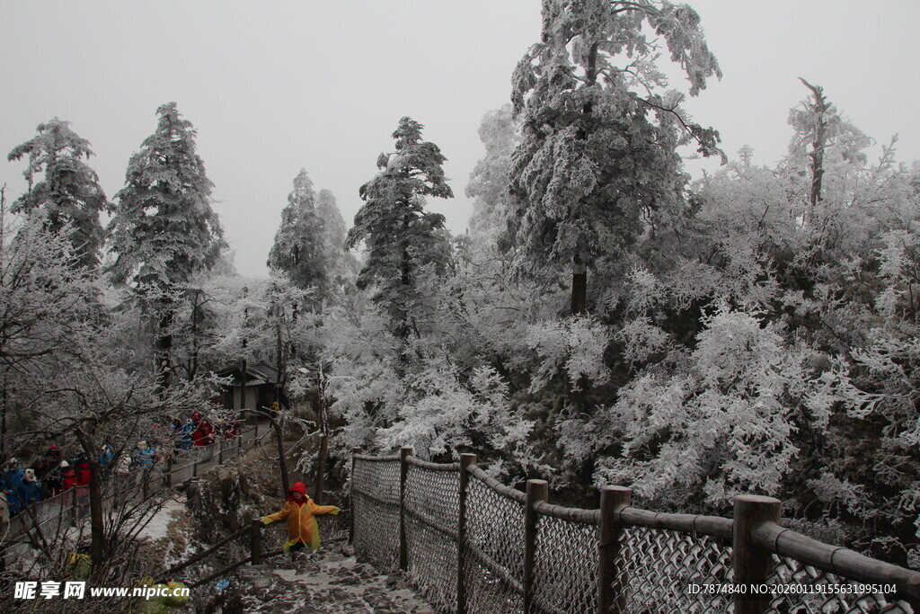 雪覆山林间的游人景致