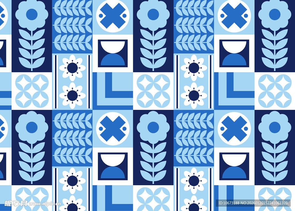 蓝白几何花卉图案设计