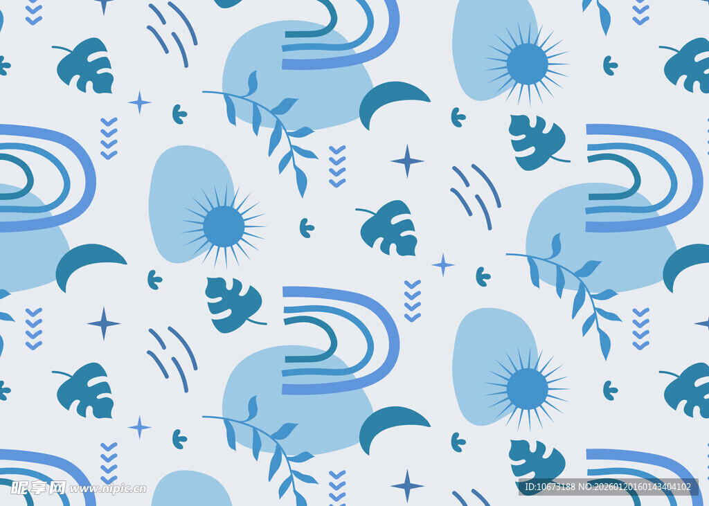 蓝调几何植物图案背景