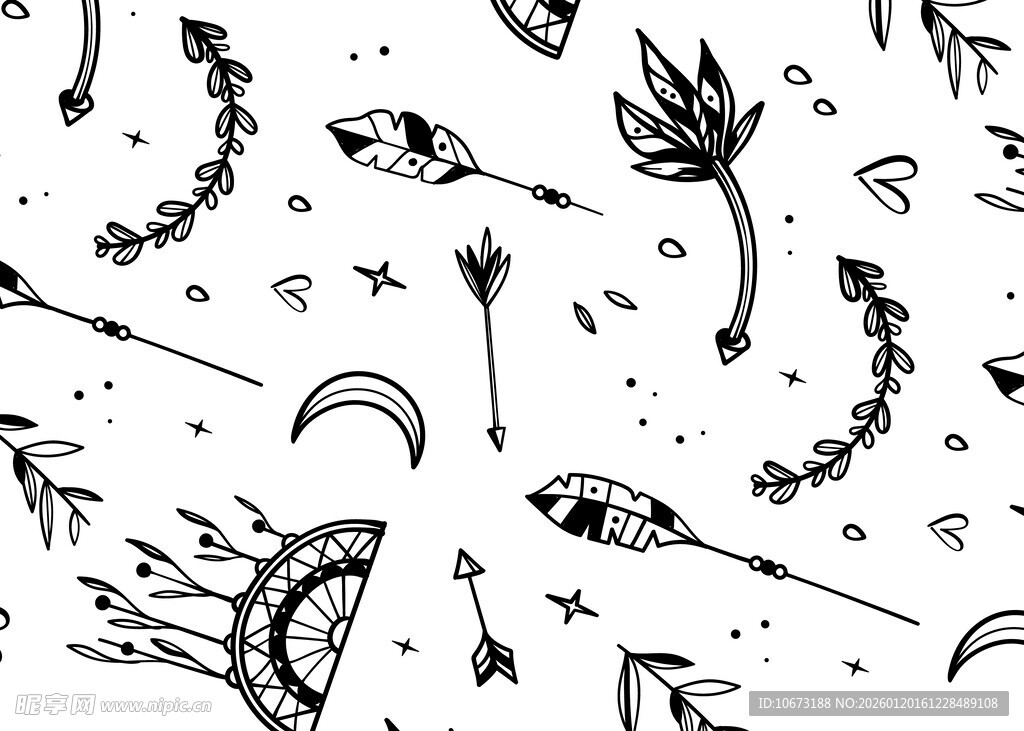 手绘黑白植物动物图案