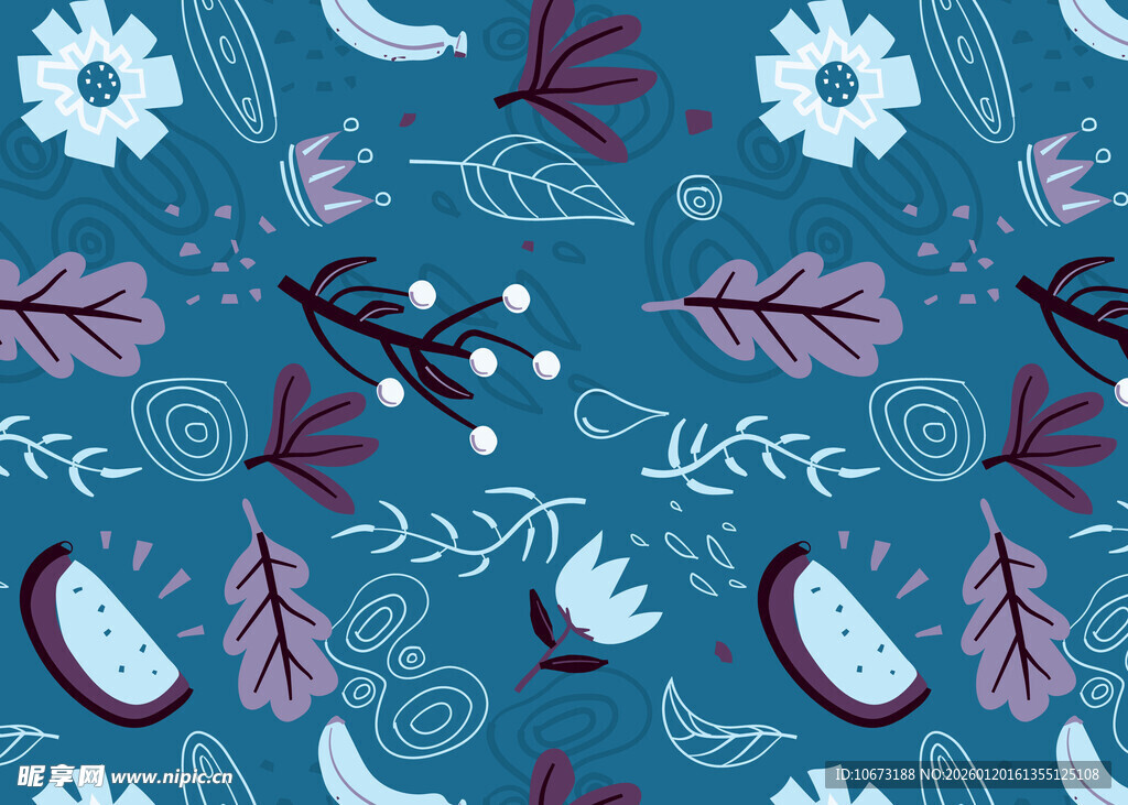 蓝底花卉植物无缝图案