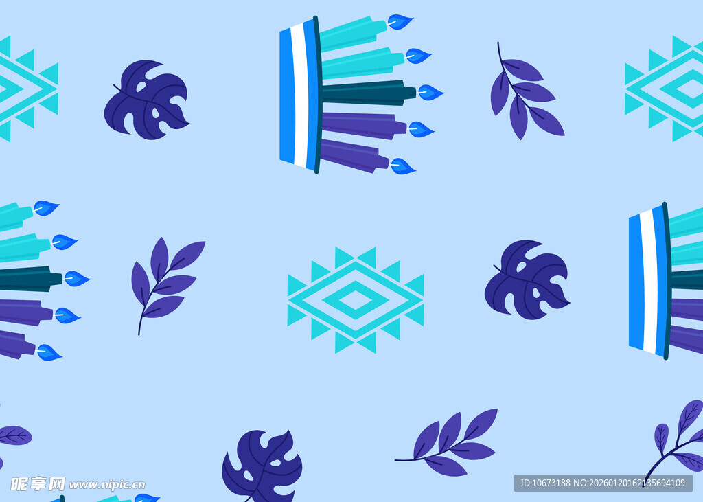 蓝调几何植物图案设计