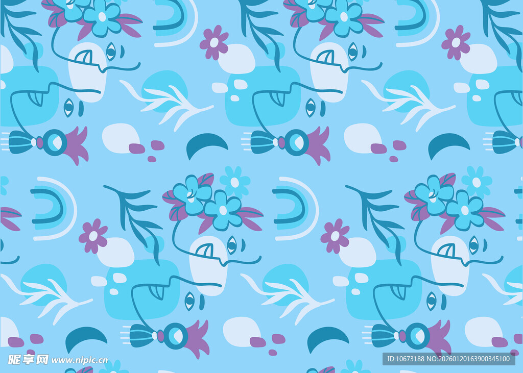 蓝色梦幻花卉动物图案背景