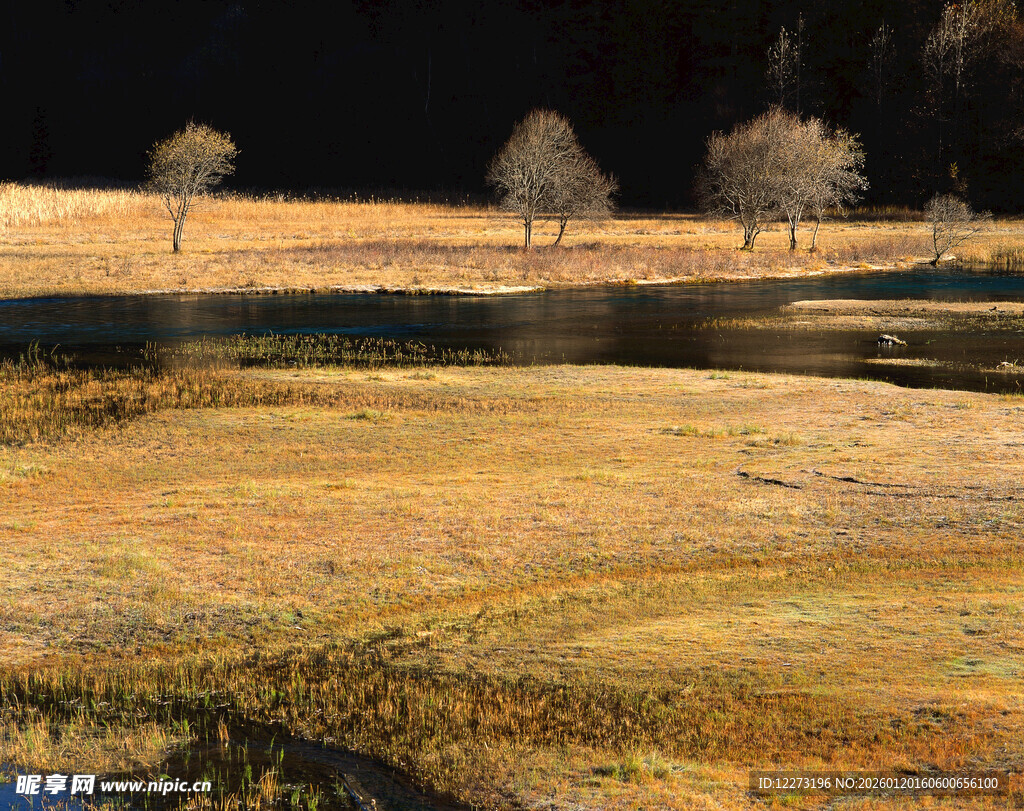 秋日旷野中的静谧水域