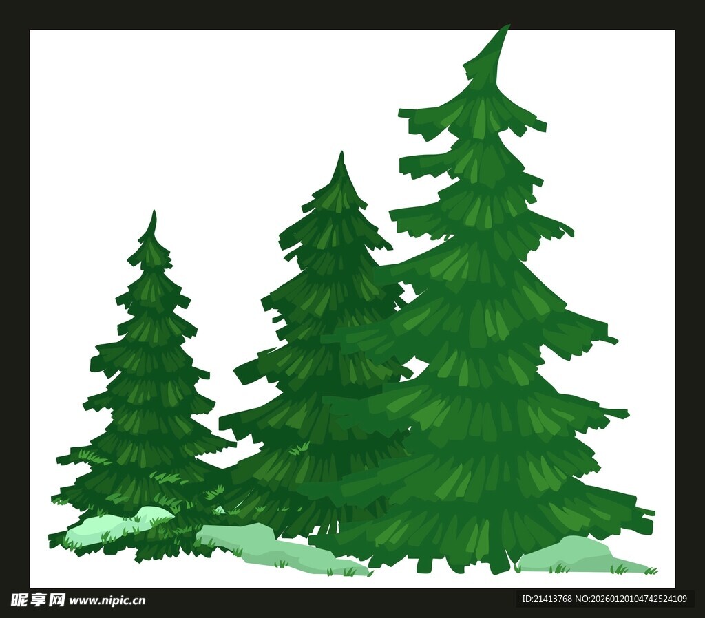 三棵挺拔的绿色松树