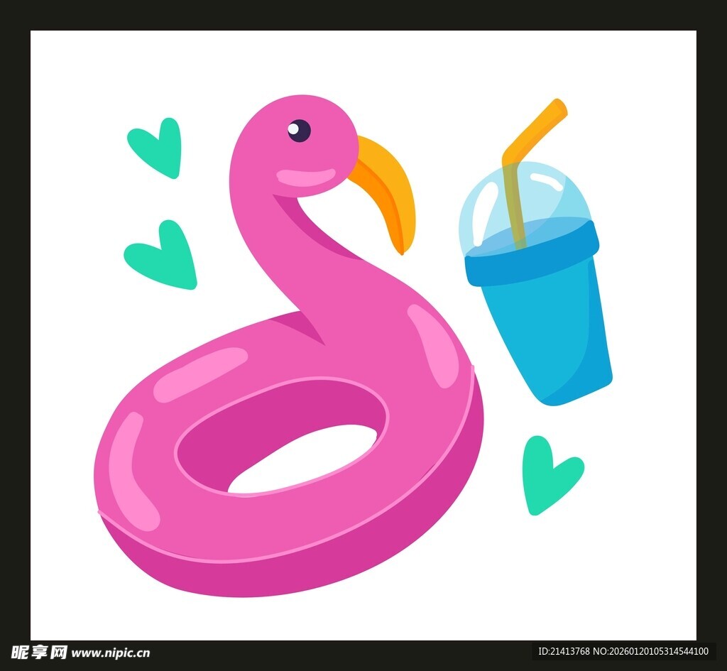 粉色火烈鸟游泳圈与饮料