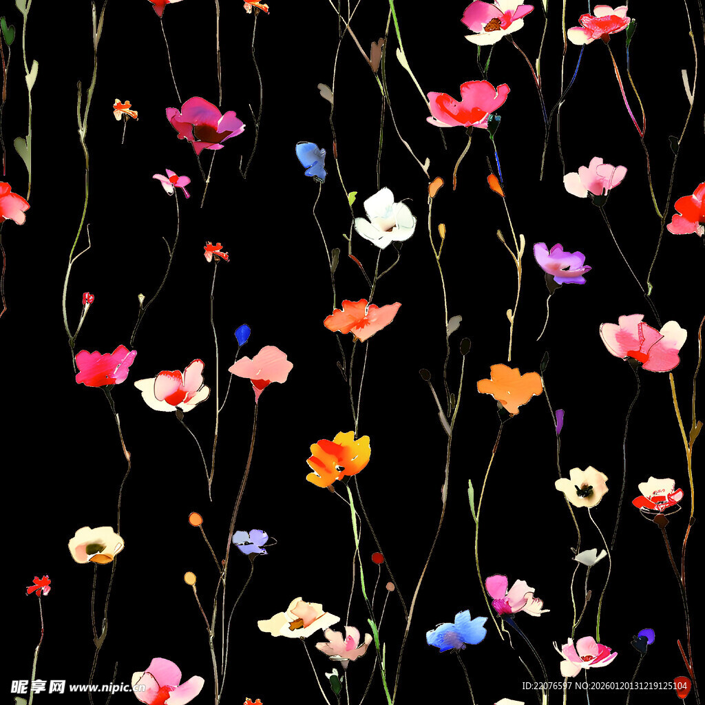 黑色背景上的多彩花卉图案