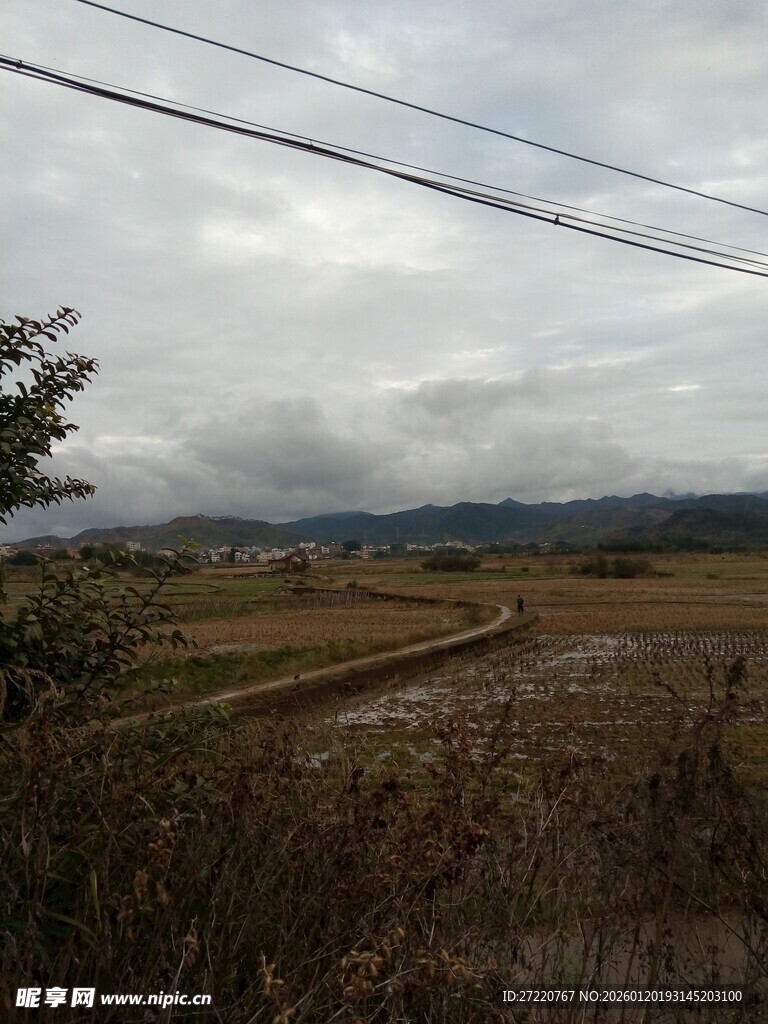 田野风光 远山与电线交织