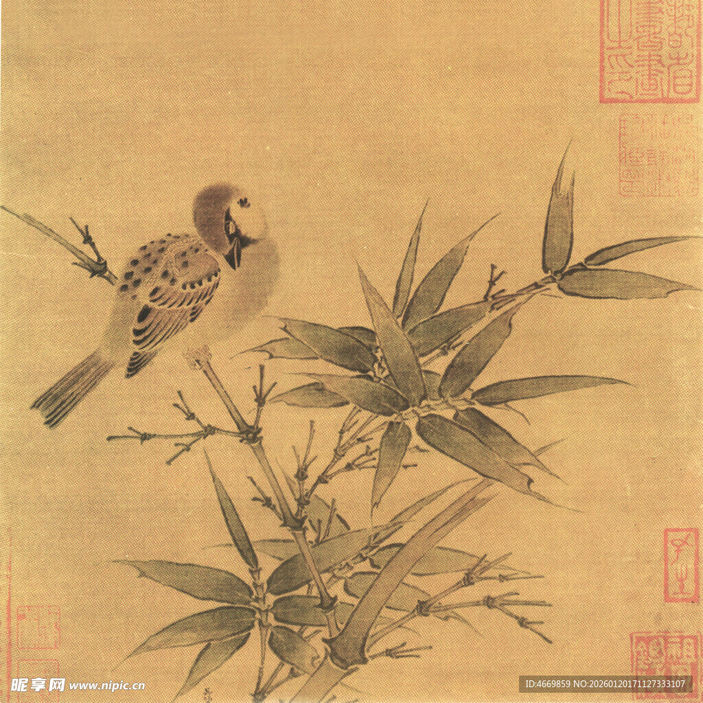 竹枝上的雀鸟图