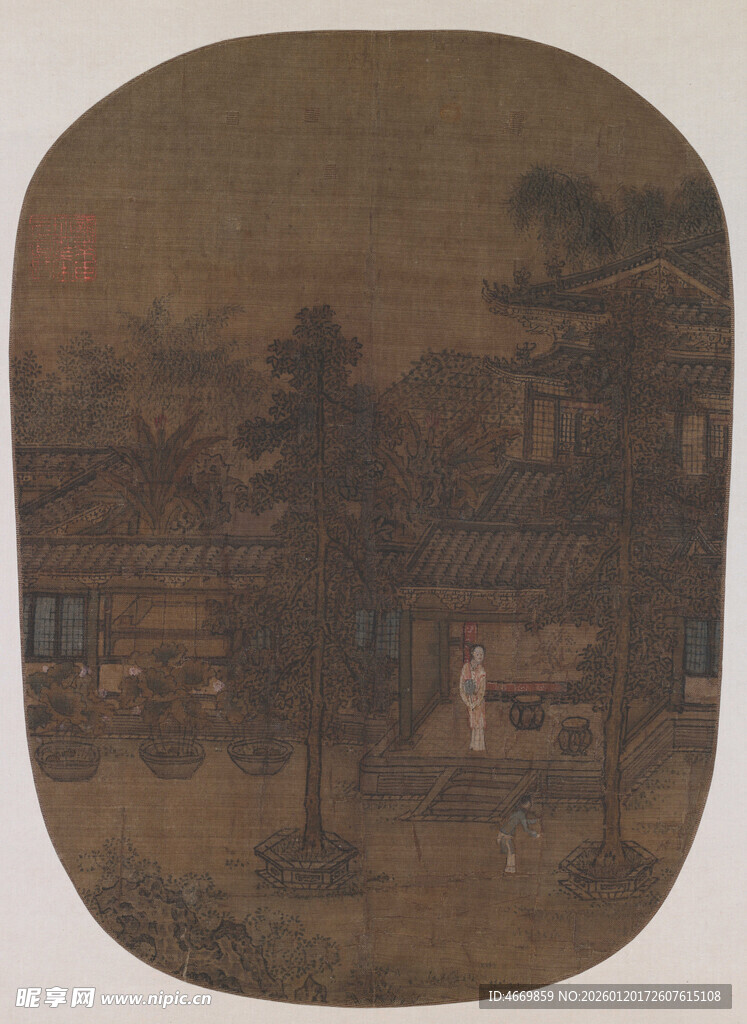 古代园林景致扇面画