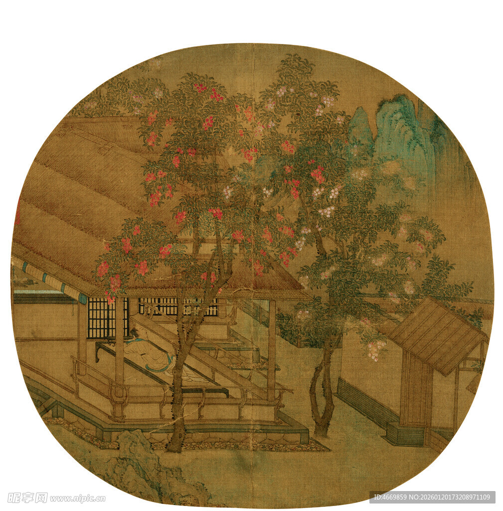 古画中的屋舍与繁茂树木