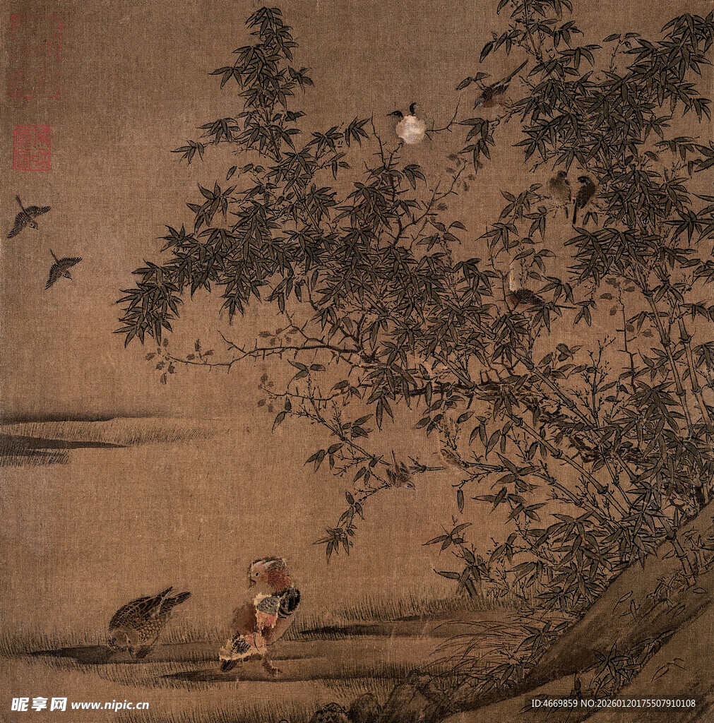 古意山水间的人物与飞鸟