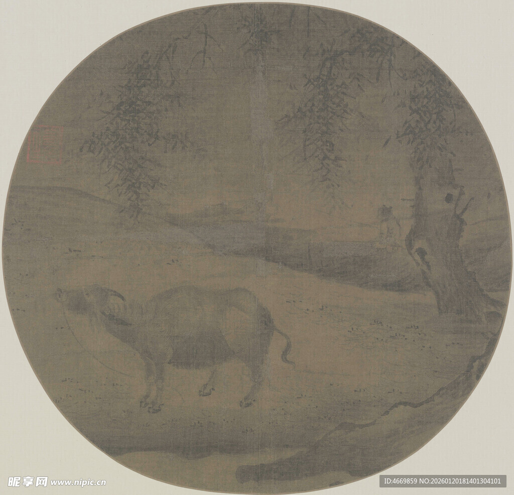 圆形古画中的独立马匹