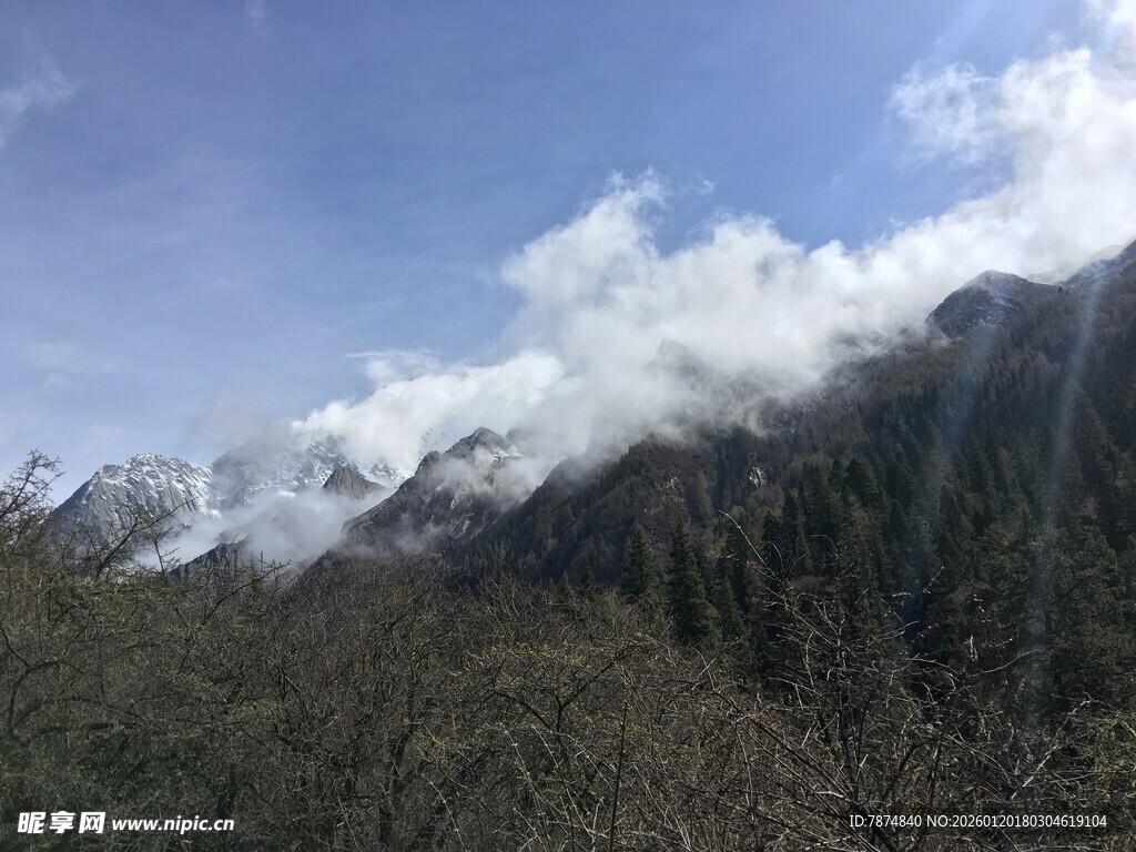 雪山云景下的山林风光