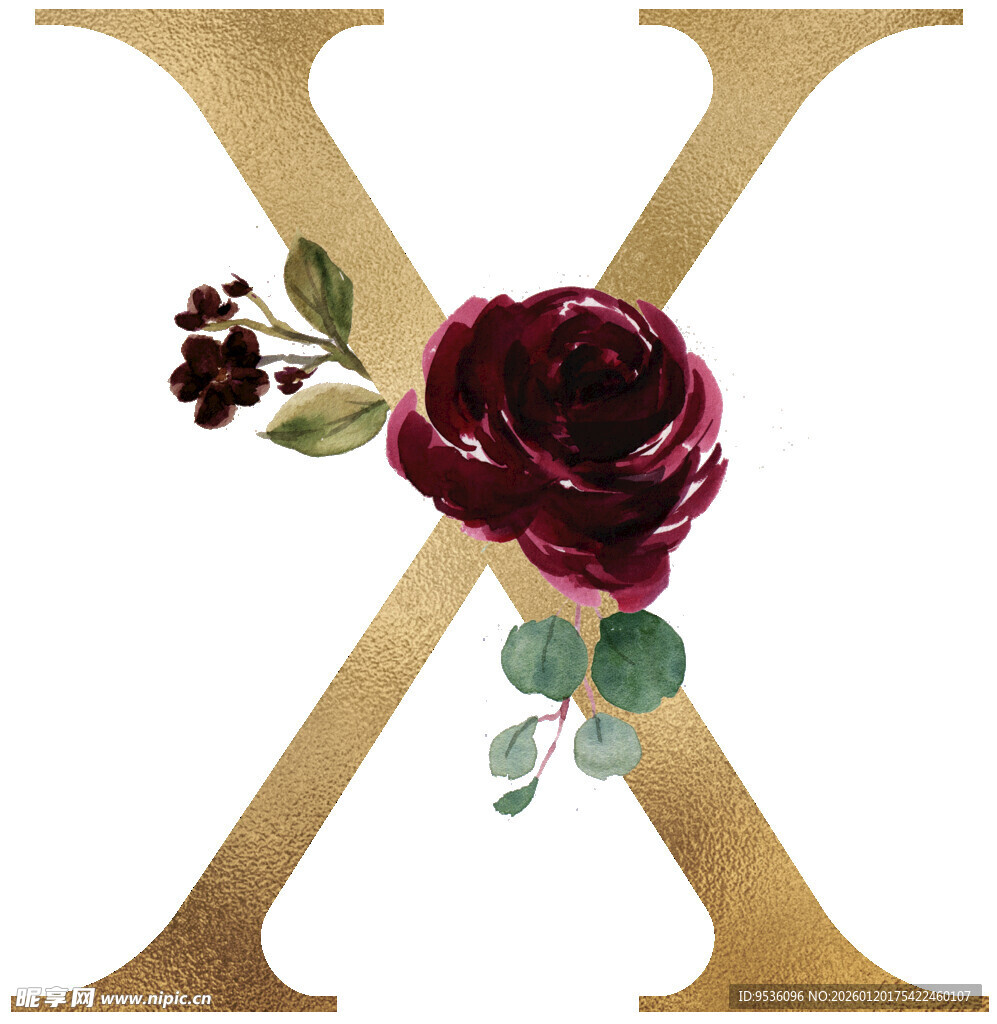 花卉装饰的金色字母X