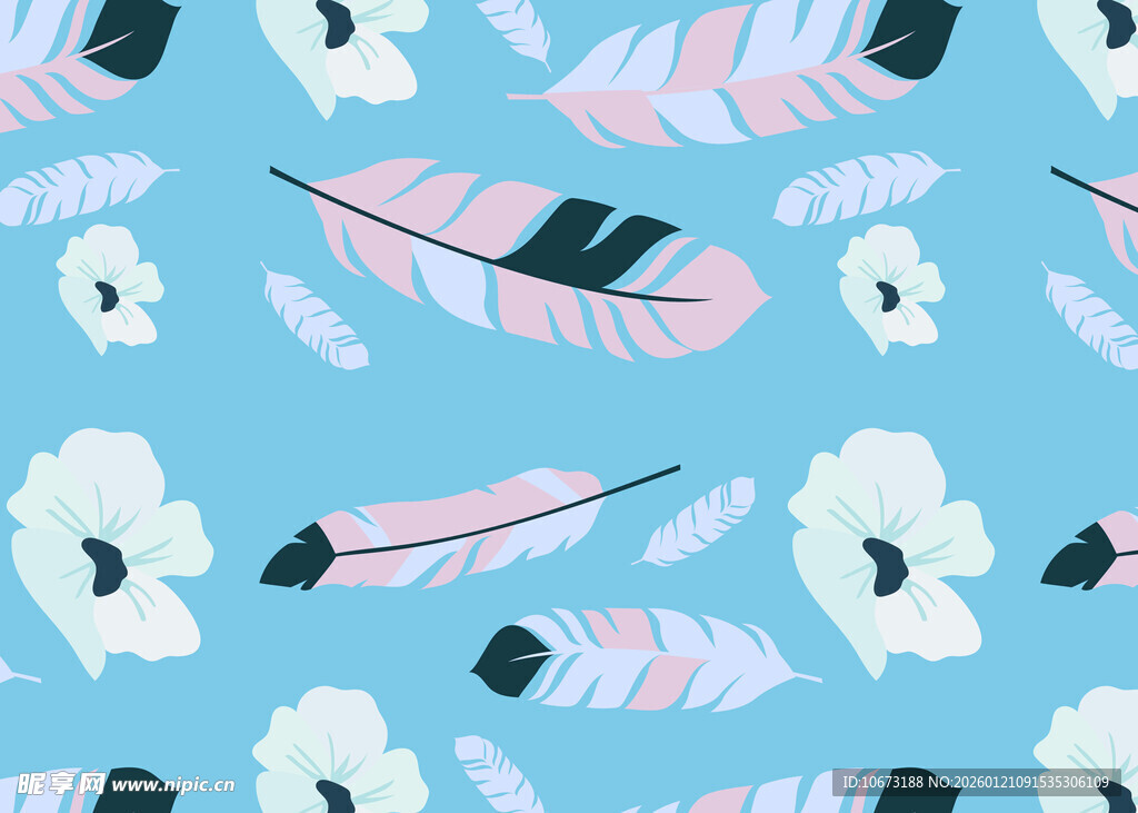 蓝色背景羽毛花朵图案