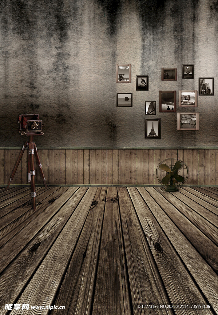 复古风室内木质地板墙面场景