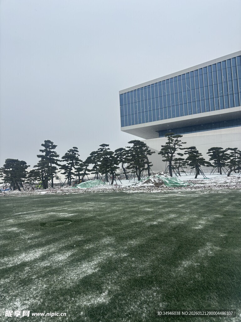雪后草地旁的现代建筑