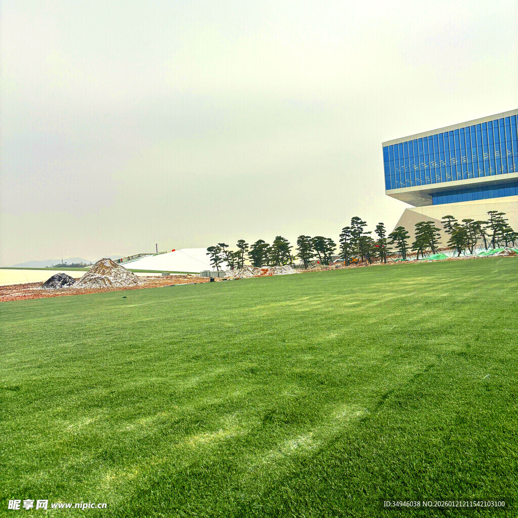 广阔绿草坪与远处建筑