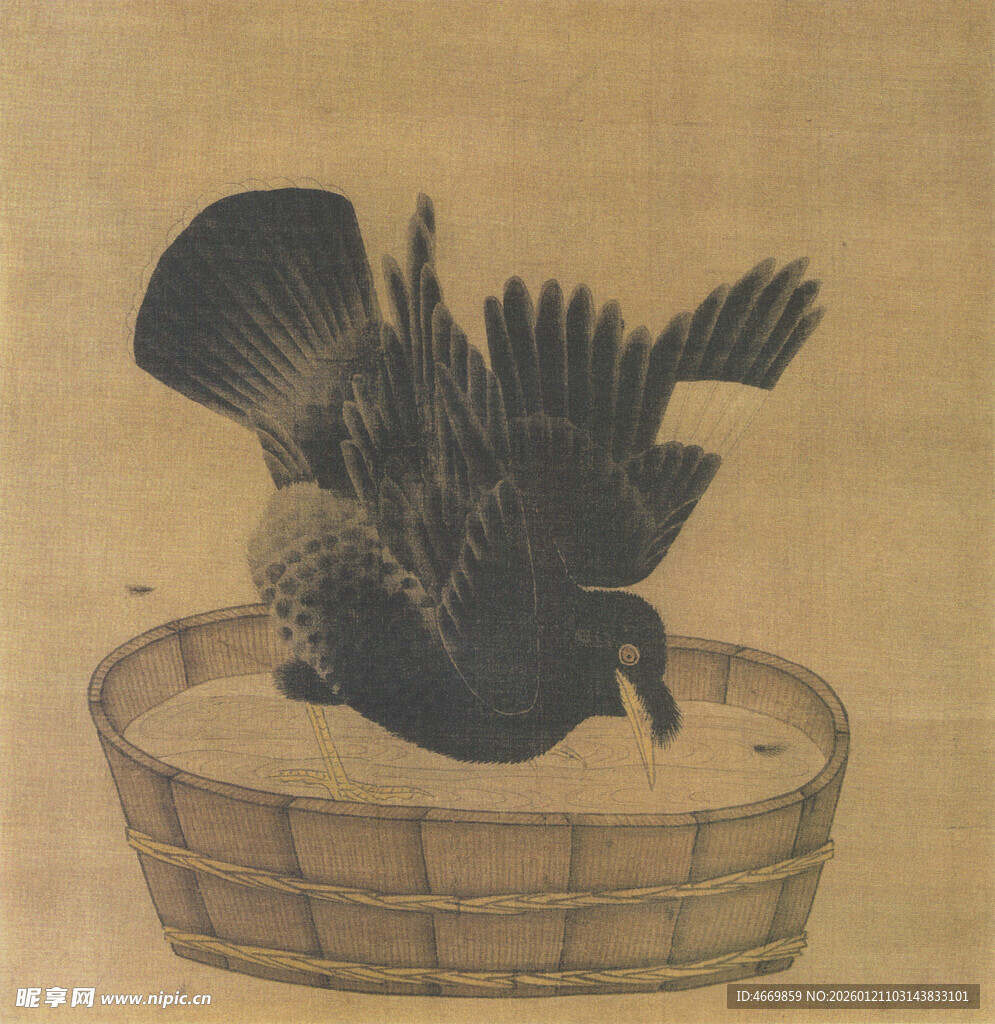 古画中盆内展翅的飞鸟