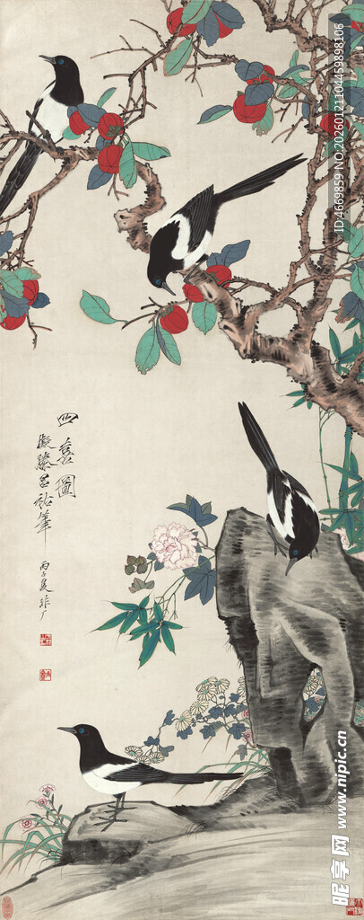 中式花鸟图枝头灵动景致