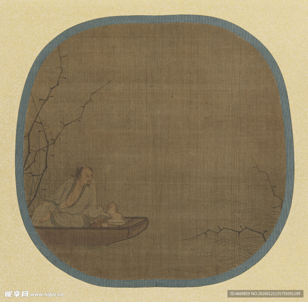 古画中泛舟的闲适场景