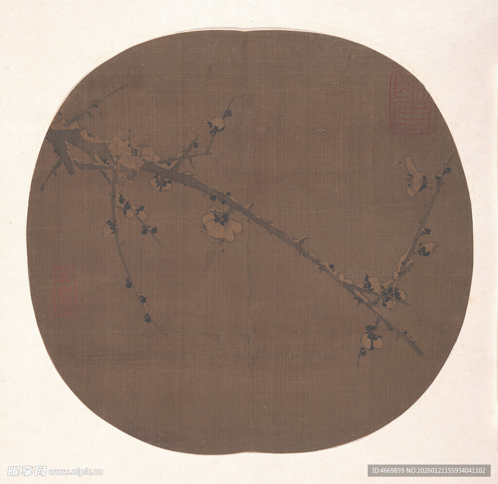 圆形墨绘枝蔓图