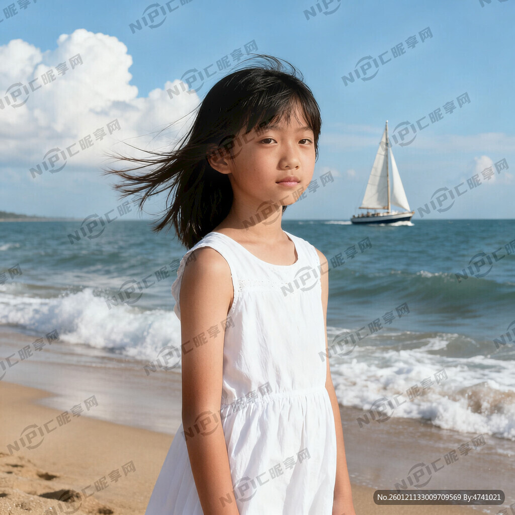 海边 少女 帆船