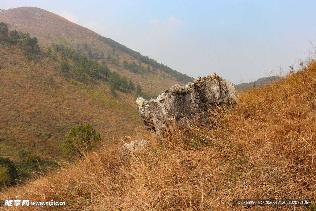 山间枯草旁的嶙峋怪石