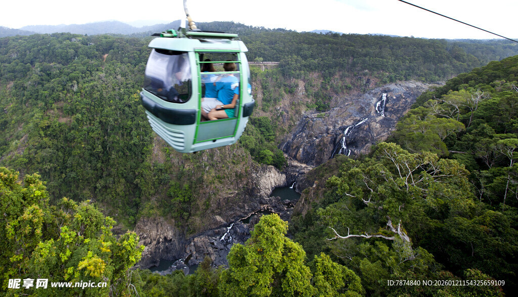高空缆车穿梭于翠绿山林